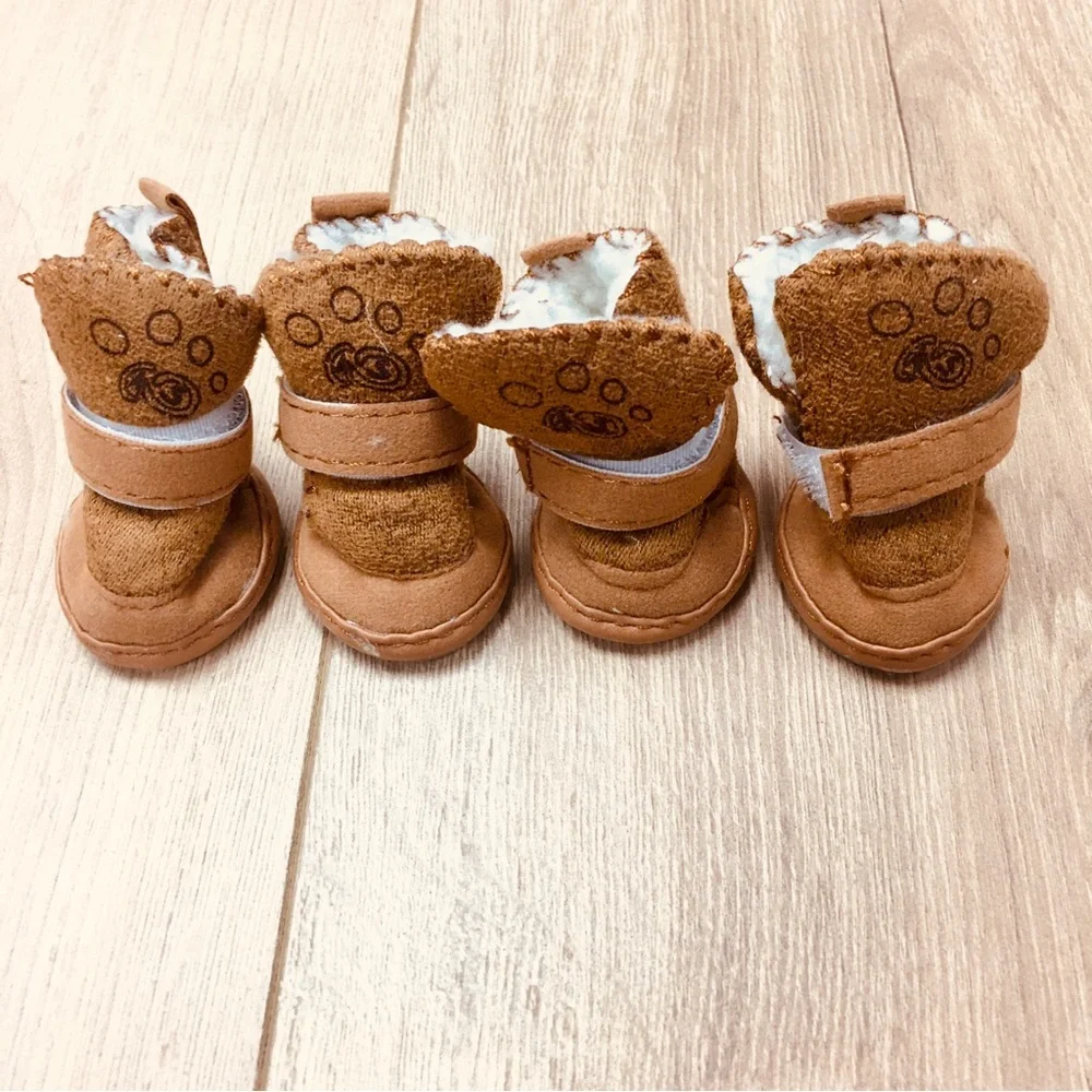 Dog cat pet faux fur Tan Fuzzy Paw Booties Soft Lined Shoes brown winter cozy